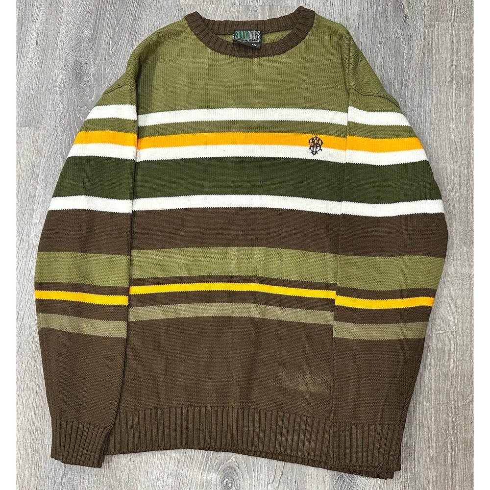 VTG Y2K SOUTHPOLE‎ Sweater Green Brown Striped 100% Acrylic Pullover Sweater - Picture 10 of 16